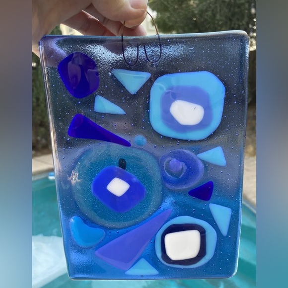 Greek Inspired Fused Art Glass  Hanging Plaque 8”x6” Greek Design Blue Glass - Picture 5 of 12